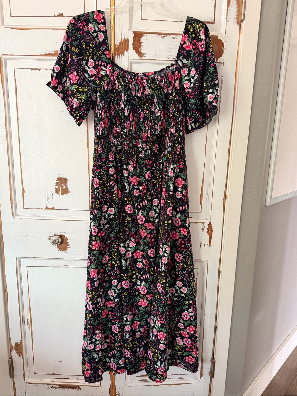 Women’s Floral Midi Dress - Black with Pink Floral Print